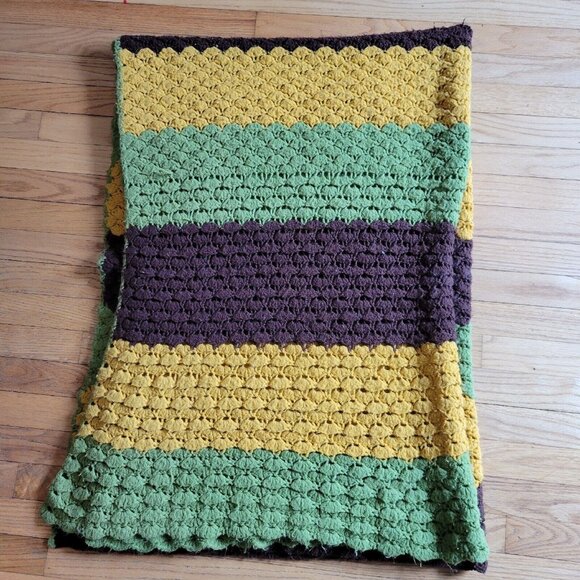 Handmade Crocheted Afghan Green Yellow Brown Striped 75" x 51" Blanket Throw - Picture 1 of 3